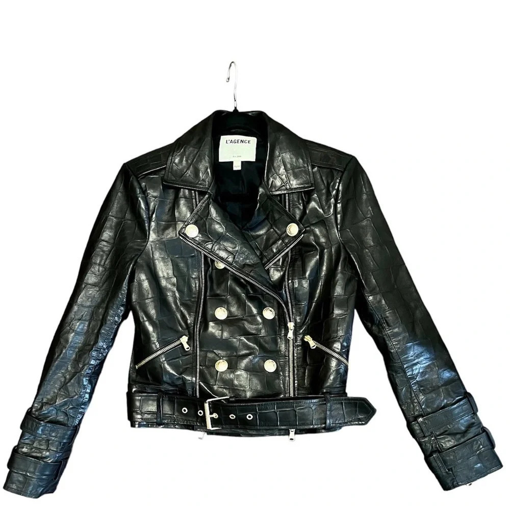 Nwot L’AGENCE Billie Black Croc Embossed Leather Double Breasted Moto Jacket XS